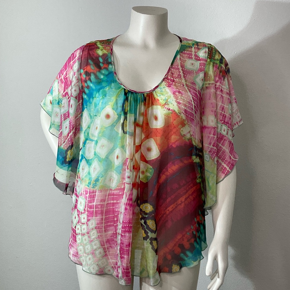 Karen Kane 100% Silk Butterfly Sleeve Watercolor Print Top sz 1X